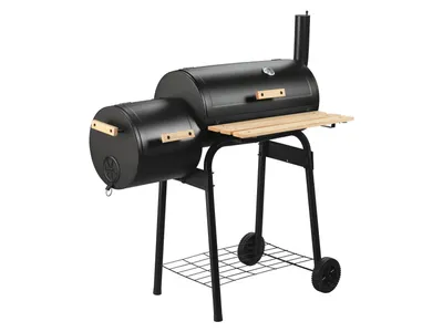 A black charcoal smoker grill with a wooden side shelf, shown on a white background.