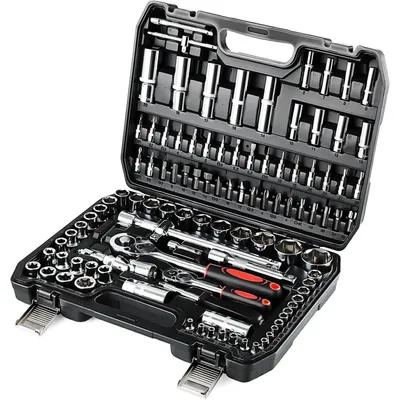 Productafbeelding van 108-delige set sleutels van Cr-V, inclusief ratelkas met 1/4" en 1/2" ratels met 72 tanden. Geschikt voor auto, motor, fiets en gebruik in huis