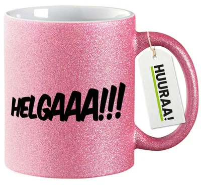 Produktbild von Huuraa Glitzertasse Helgaaa Schriftzug 330ml Pink Keramik Kaffeebecher Geschenkidee