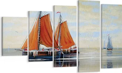 Produktbild von Bild auf Leinwand - Leinwandbild - 5 Teile - Segelschiffe Öl Orange - 100x60cm - Wand Bild - Wanddeko - Wandbilder - Leinwanddruck - Bilder - Wanddekoration - Leinwand bilder - EG100x60-4404
