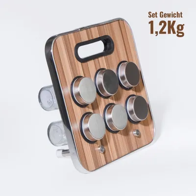 Produktbild von Gewürzständer mit 6 Gewürzdosen aus Glas und Edelstahl