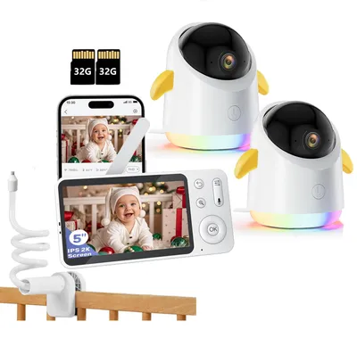 Obrázek produktu pro Dětská chůvička se 2 kamerami a APP 2K/5,0" WLAN chůvička s rozdělenou obrazovkou PTZ 360° 4x zoom IR/RGB noční vidění s držákem a 2*32G
