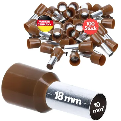 Productafbeelding van 100 stuks Kalitec AE1018BR adereindhulzen, geïsoleerd, 10,0 mm², 18 mm lang, bruin. Gemaakt in Duitsland, industriële kwaliteit