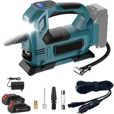 Image de Pompe à air électrique - Compresseur de pneus portable - Rechargeable - Automatique - Compact - 2 batteries incluses