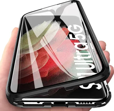 Immagine prodotto di custodia protettiva a 360° per Samsung Galaxy S21 Ultra 5G Copertura in vetro temperato con assorbimento magnetico, telaio in metallo nero