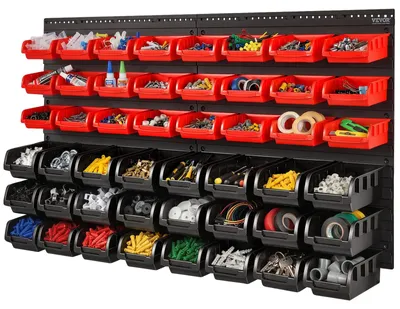 Image de VEVOR Boîtes empilables, organisateur d'étagères partielles à 48 récipients pour garage, outillage de magasin en plastique avec panneaux muraux, organisateur d'outils pour écrous, boulons, vis, clous, perles, boutons, noir et rouge
