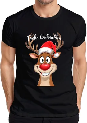 Produktbild von Frohe Weihnachten Rentier Rudolph Cartoon Lustig Weihnachtsmütze Herren T-Shirt, Schwarz, XL