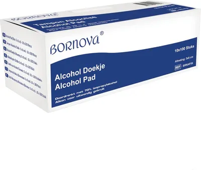 Image de 1000 unités – Tampons alcoolisés BORNOVA 3×6 cm – Lingettes individuelles avec 70 % isopropyle – Usage unique pour peau et objets