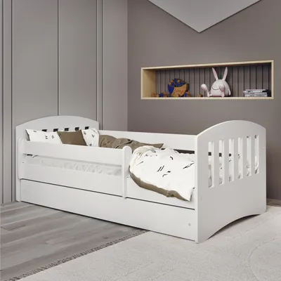 Obrázok produktu pre Detská posteľ 160x80 s matracom, ochranou proti vypadnutiu, lamelovým roštom a zásuvkou v bielej farbe 80 x 160 dievčenská chlapčenská posteľ Skandi youth bed