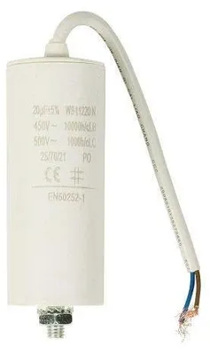 Motorkondensator 20,0 µF 450 V, weißes Kabel, 250 mm