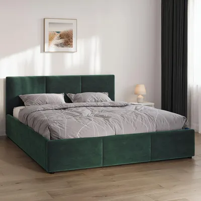 A green upholstered bed with a headboard and mattress is shown in a bedroom setting.