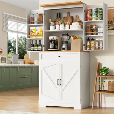 Zdjęcie produktu dla Szafa kuchenna 80 x 40 x 180 cm z 12 drzwiami i szufladami, otwartym regałem na przekąski, zabezpieczeniem przed przewróceniem, MDF, biała