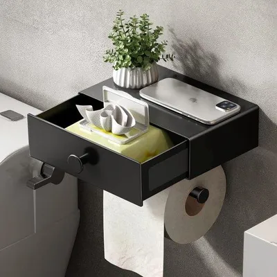 Obrázok produktu pre Držiak na toaletný papier bez vŕtania, držiak na toaletný papier s boxom na vlhčené utierky, čierny držiak na toaletný papier s poličkou, držiak na papier na WC a do kúpeľne, montáž na stenu