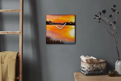 Produktbild von Coloray Hodiny Unikátní 30x30 cm  Tiché hodiny Pro obývací pokoj a kuchyň Nástěnné hodiny Plátno Bílé ručičky hodin - Jezero Forest Sunset