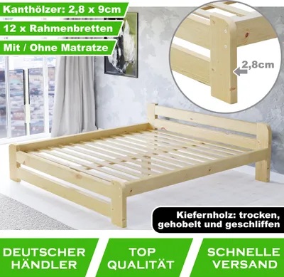 Produktbild von Holzbett futtonbett bettgestell massivholz bett kiefer doppelbett matratze / Natur (120 x 200 cm) - Mit Matratze