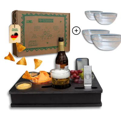 Produktbild von Couchbox mit 4 Glasschalen in Schwarz | Couchbar Snackbox für Snacks und Getränke | Snackbar für die Couch | Couch Tablett mit Getränkehalter