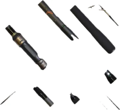Various parts of a fishing rod are laid out on a white background.