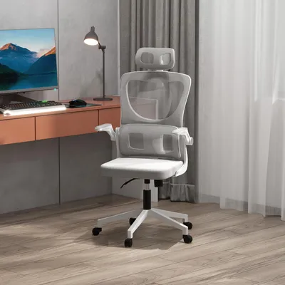 Produktbild von Bürostuhl ergonomisch Mesh-Bezug, Schreibtischstuhl höhenverstellbar, Drehstuhl mit Kopfstütze, Grau | 45–53 cm Sitzhöhe | bis 120 kg | Lendenstütze