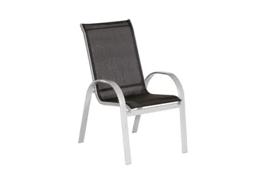 A single outdoor chair on a white background.