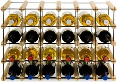 A wooden wine rack filled with bottles of wine.