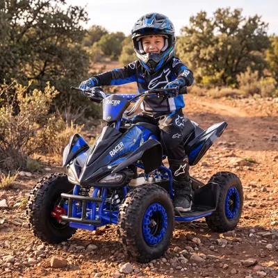 Produktbild von Actionbikes Motors Kinderquad Racer | 1000 Watt - 36 V - Pocket Quad bis 24 km/h - 3 Stufen - Kinder Elektroquad  - Elektro Auto (Schwarz/Blau), KI-generiertes Bild