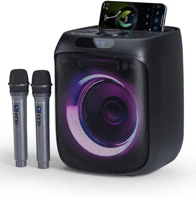 Zdjęcie produktu dla Urządzenie karaoke Bluetooth o mocy 400W - bezprzewodowe mikrofony - światła LED do imprez - TWS, AUX, FM, funkcja nagrywania - przenośny głośnik do imprez