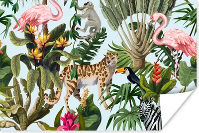 Produktbild von MuchoWow® Poster Dschungel - Tiere - Mädchen - Kinder - Jungen - Flamingo - Papagei 120x80 cm - Bilder