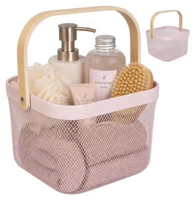 Image de Relaxdays, ensemble de 2 paniers en fil de fer avec poignées, métal et bambou, dimensions (H x L x P) : 17,5 x 26 x 24,5 cm, paniers de rangement carrés, couleur rose