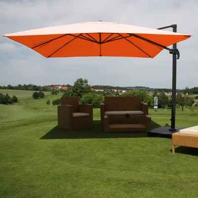 Zdjęcie produktu dla Parasol gastronomiczny HWC-A96, parasol 3x3m (Ø4.24m) poliester aluminium/stal 23kg ~ terakota ze stojakiem