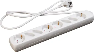 A white power strip with multiple outlets and a white power cord is shown against a white background.
