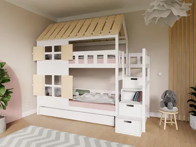 Produktbild von Hausförmiges Etagenbett HÜTTCHEN mit Treppen und Stauraum 90x200 cm – Transparente Lasur mit weißen Elementen – Links – Doppelte Aufbewahrungsschublade