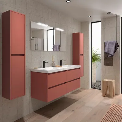 Image de Salgar Meuble de salle de bains NOJA 1400 2 tiroirs RED SATIN + meuble vasque + miroir