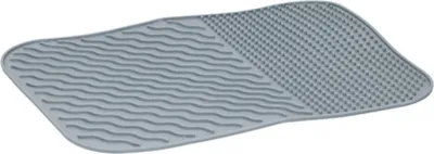 A gray silicone drying mat with two different textured surfaces.