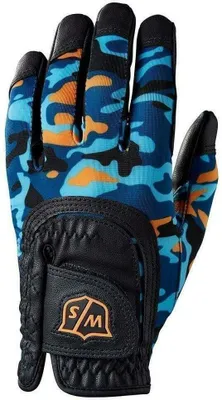 Productafbeelding van Wilson Staff Fit-All Junior Golfhandschoen, zwart/oranje/blauw camouflage, links voor rechtshandige golfers