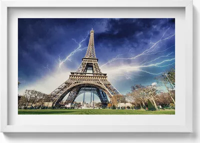 Produktbild von Eiffelturm, Blitze und Gewitter– Wandbild mit Rahmen – Gerahmtes Bild  – Wanddekoration – 60x40 cm –  Schwarz Rahmen
