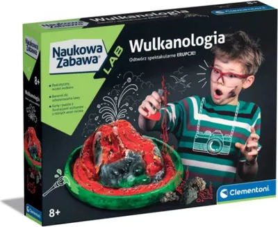 A product box for a volcano science kit, showing a child performing an experiment.