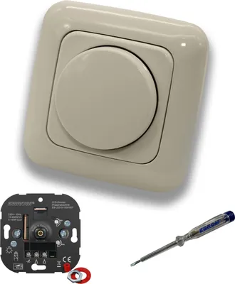 Produktbild von EBROM 1001 LED-Drehdimmer LED Dimmer mit Busch Jäger Dimmerscheibe Zentralplatte 2115-212 Einfachrahmen in DURO2000 cremeweiß glänzend inklusive EBROM Phasenprüfer zur Montage des Dimmers