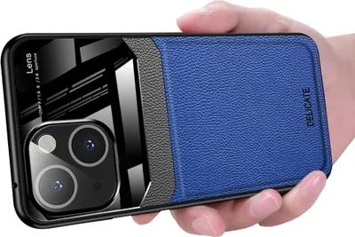 Produktbild von iPhone 15 Hülle, TPU Stossfest Anti-rutsch Leder Glas Len Hybrid Schutzhülle für iPhone 15 Blau