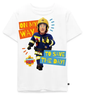 Produktbild von Spreadshirt Feuerwehrmann Sam™ On My Way To Save The Day Kinder Premium T-Shirt, 110/116 (4 Jahre), Weiß