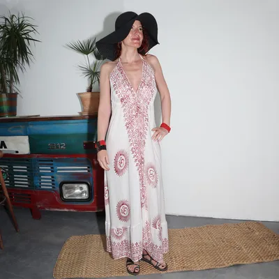 Produktbild von Sommerkleid weiß rot Neckholder Kleid Dress Sommer Strand