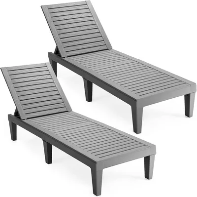 Produktbild von COSTWAY 2er Set Sonnenliege Kunststoff, Gartenliege mit Rückenlehne, Balkonliege, Terrassenliege Holzoptik, Liegestuhl bis 180 kg belastbar, Grau