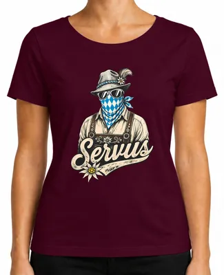 Productafbeelding van Servus, traditionele lederen broek, klederdracht, Wiesn-kleding, traditioneel shirt, Dirndl, Edelweiß, dames T-shirt, bordeauxrood, maat S
