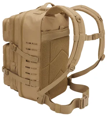 A side view of a tan backpack against a white background.