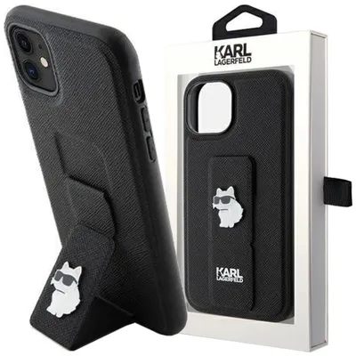 Produktbild von Karl Lagerfeld Gripstand Saffiano Choupette Pins Hülle für iPhone 11 / Xr  Schwarz Handyhülle