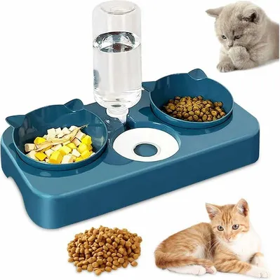 Produktbild von Erhöhter Doppelnapf für Katzen und Hunde, 3-in-1 automatischer Futter- und Wasserspender für Haustiere, 15° geneigter Doppelnapf, für Katzen und Welpen