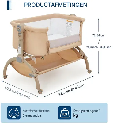 Produktbild von 3-in-1 Baby Beistellbett - Co-Sleeper & Reisewiege mit Stauraum & Moskitonetz - Khaki