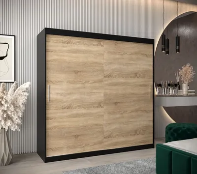 Produktbild von Schwebetürenschrank mit einer Breite von 200 cm TIMEA – Schwarz / Eiche Sonoma