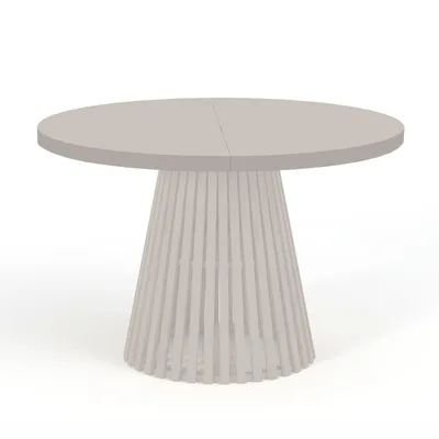 A light gray round table with a slatted pedestal base.