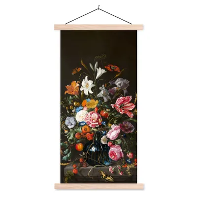 Produktbild von MuchoWow® Textilposter Vase mit Blumen - Jan Davidsz de Heem - Kunst 40x80 cm mit holzfarbenen Rahmen - Wohnzimmer