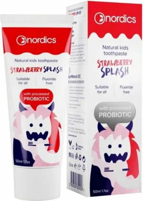 Produktbild von Zahnpasta für Kinder mit Erdbeergeschmack und Probiotika, fluoridfrei, 50 ml – NORDICS